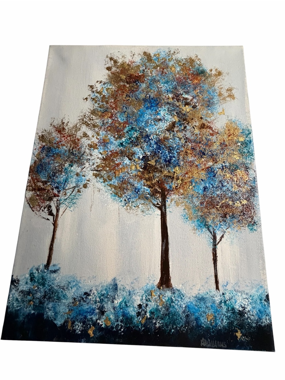 New Original Acrylic Canvas Art Trees in Blue and Gold 12" x 16" - Picture 10 of 14